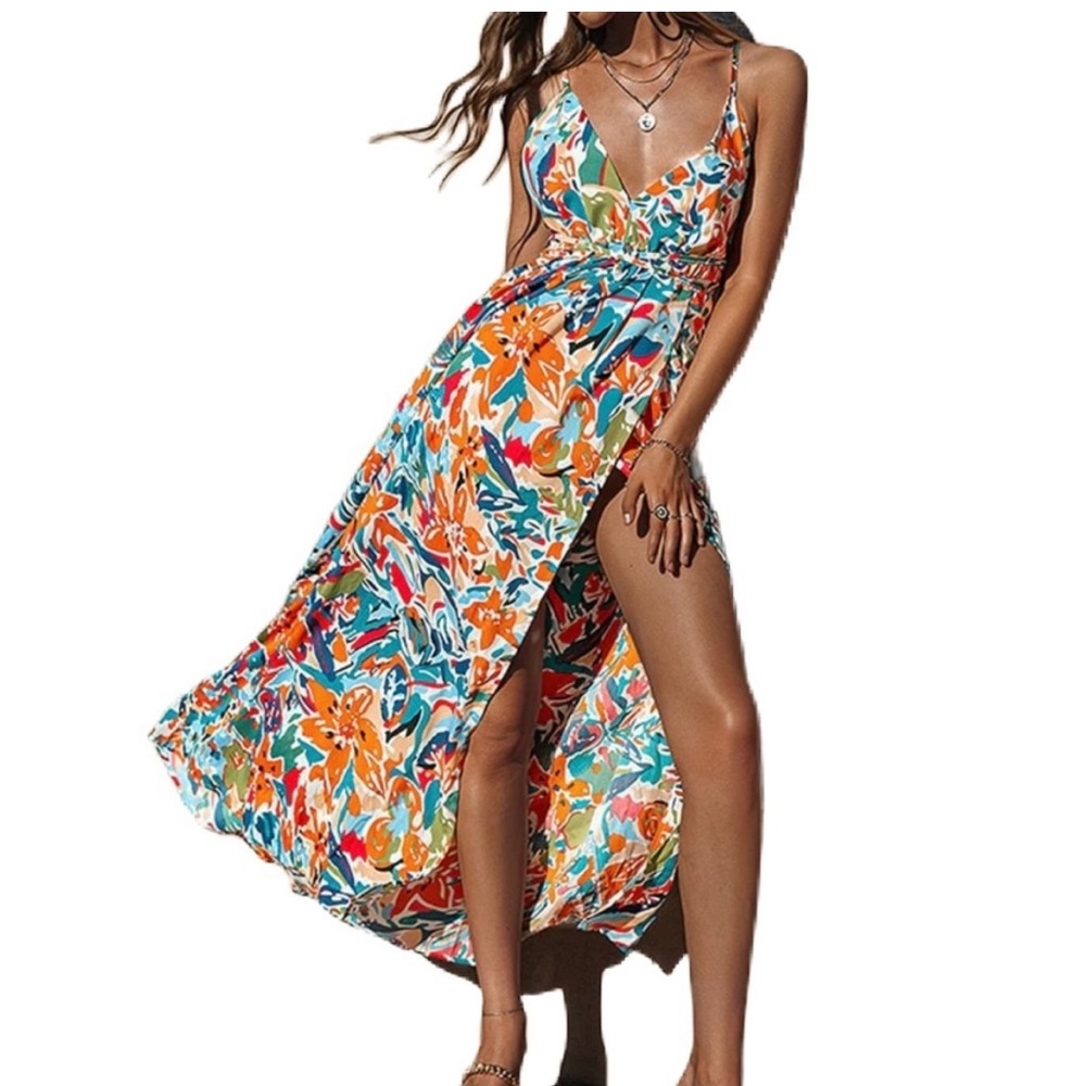 Simplee Strappy Wrap Colorful Maxi Dress